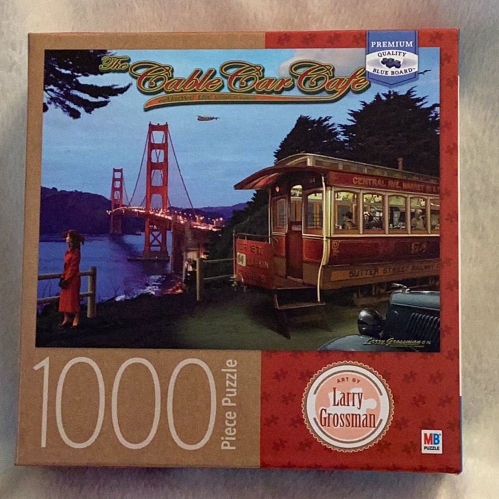 Golden Gate Bridge Cable Car Cafe - 1000 Piece Puzzle - NIP Premium Blue Board